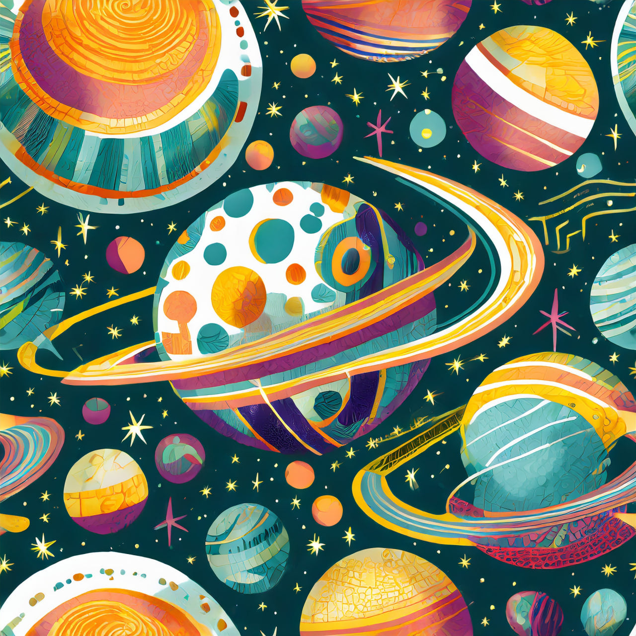 Colorful illustration of planets and stars on a dark background