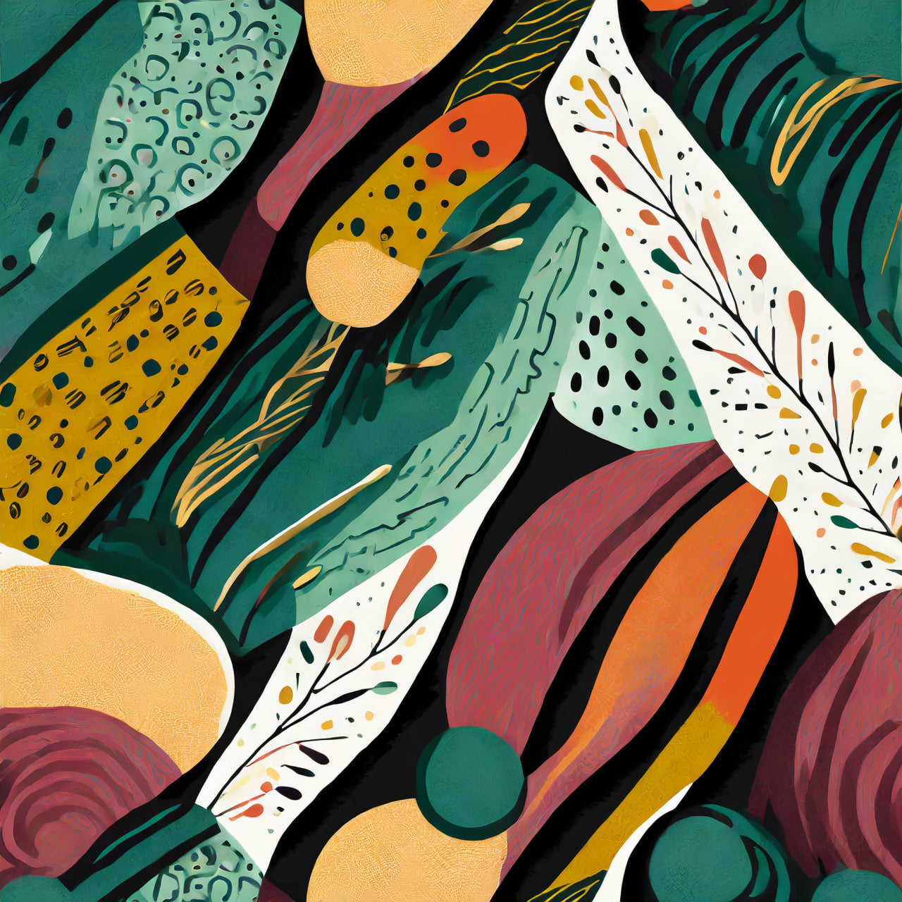 Colorful abstract pattern with various shapes and textures on a black background