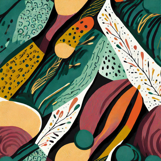 Colorful abstract pattern with various shapes and textures on a black background