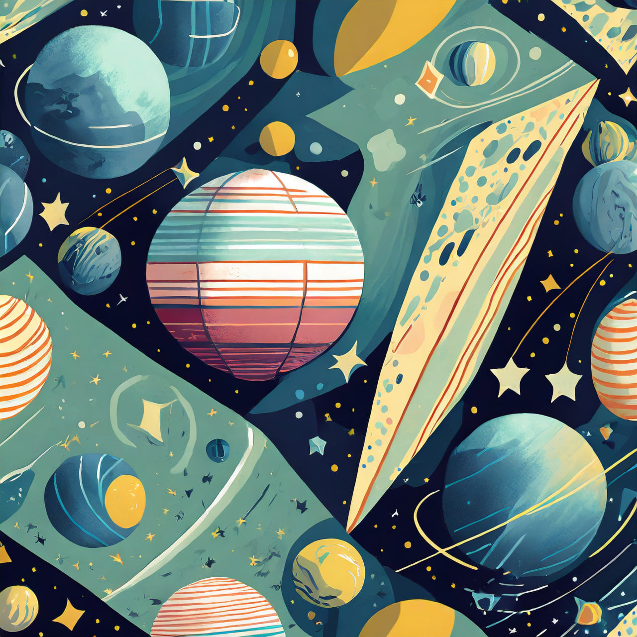 Illustration of planets, stars, and a spaceship in space.
