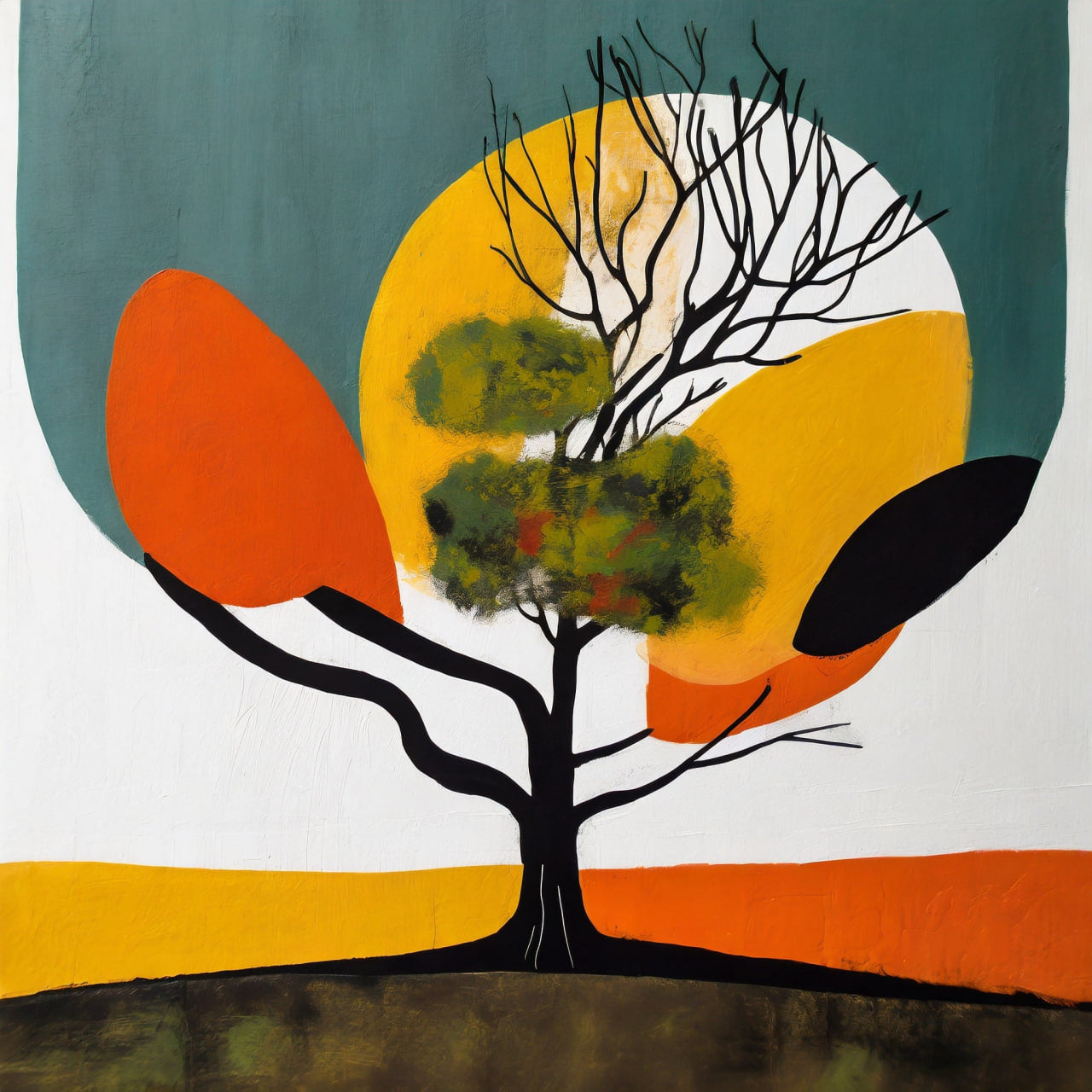 Abstract artwork with a tree, colorful shapes, and a large moon.