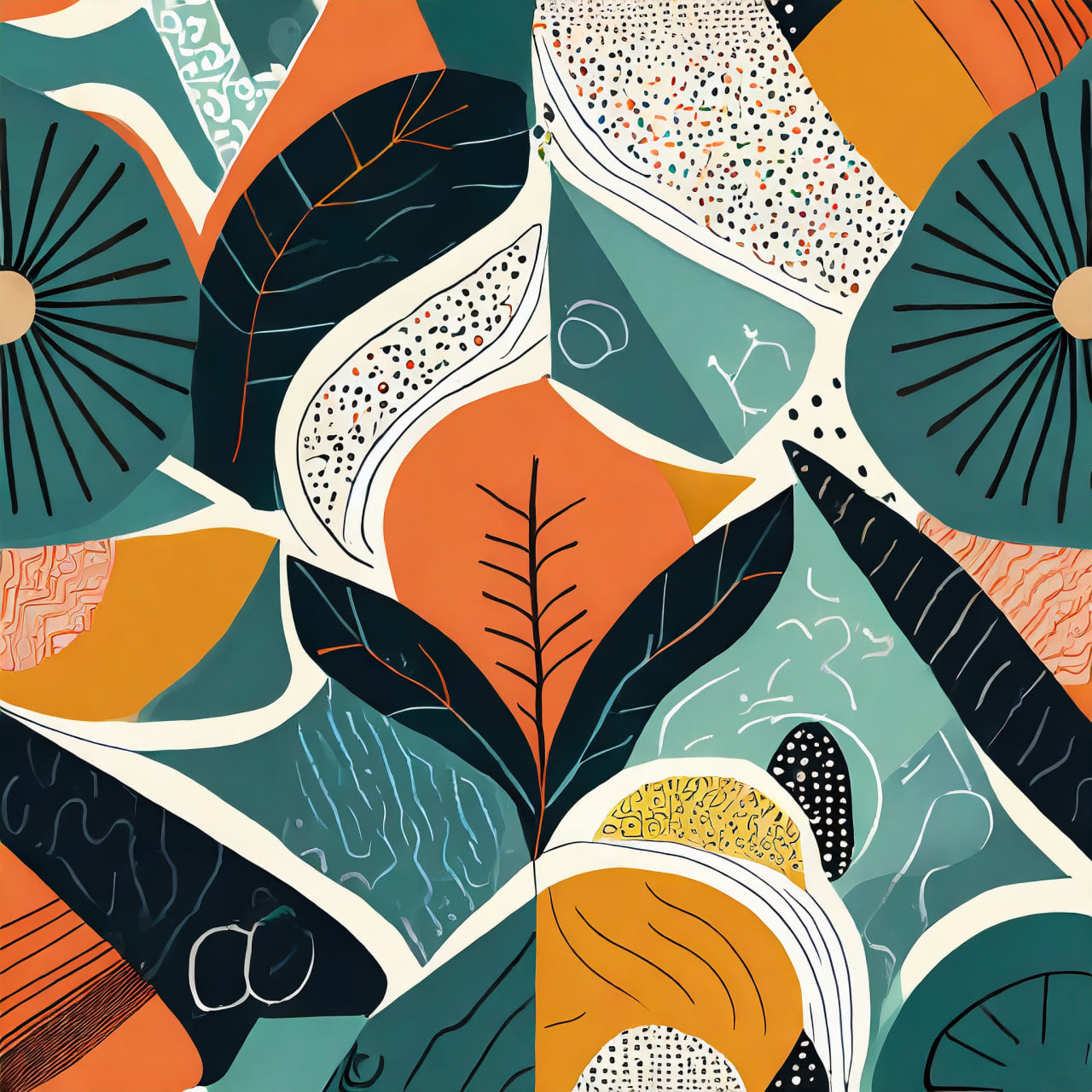 Colorful abstract pattern with geometric shapes and leaves