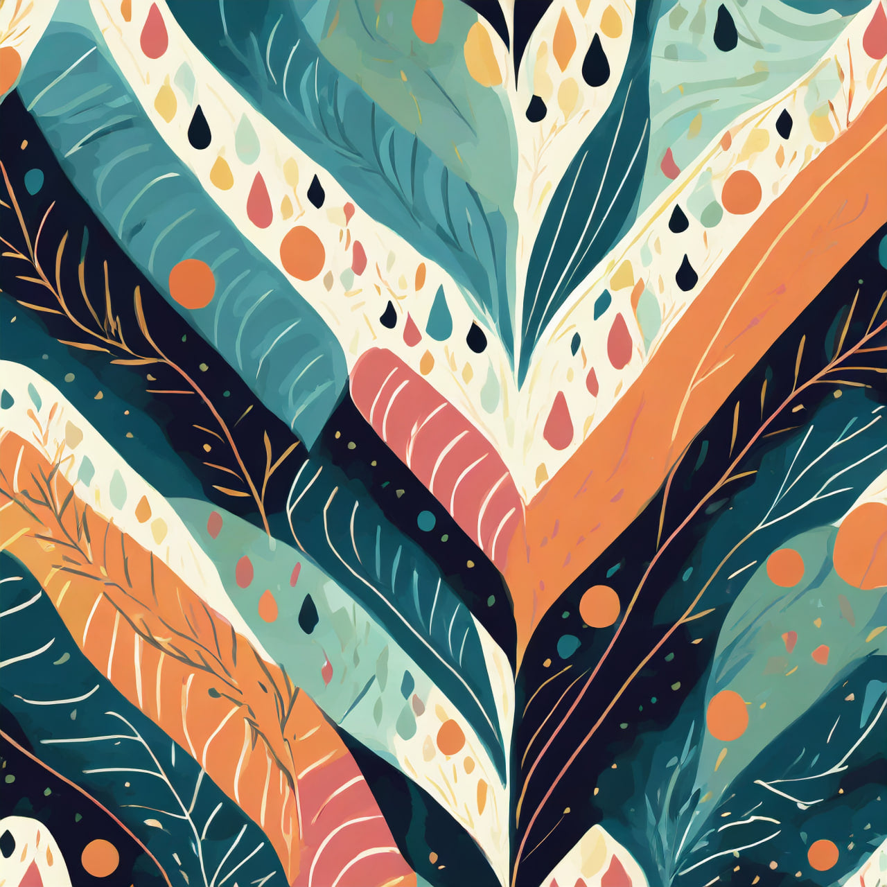 Colorful abstract design with leaf-like shapes and patterns