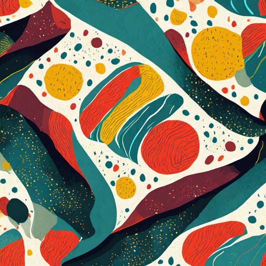 Colorful abstract pattern with shapes and dots on a white background