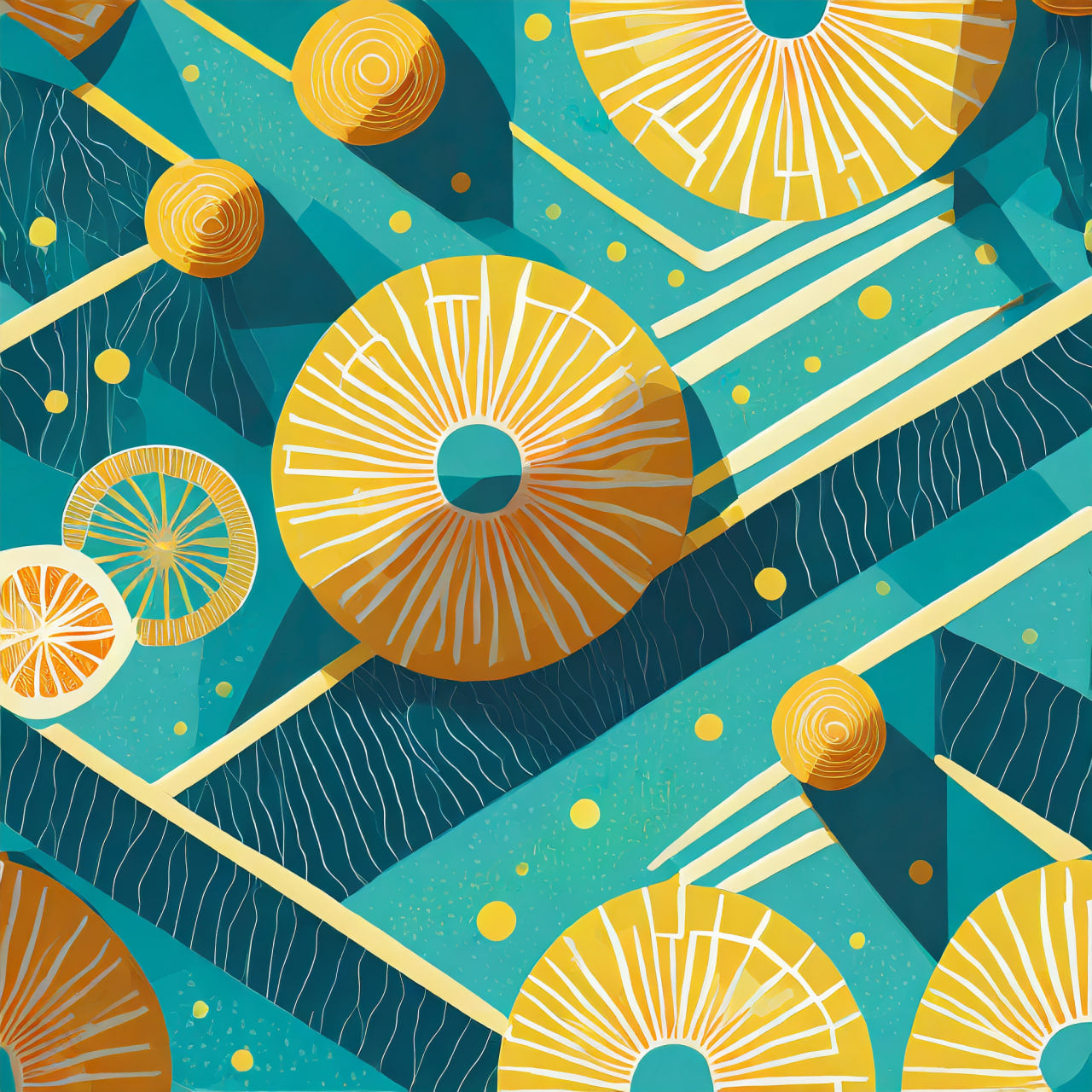 Geometric pattern with yellow and orange shapes on a blue background