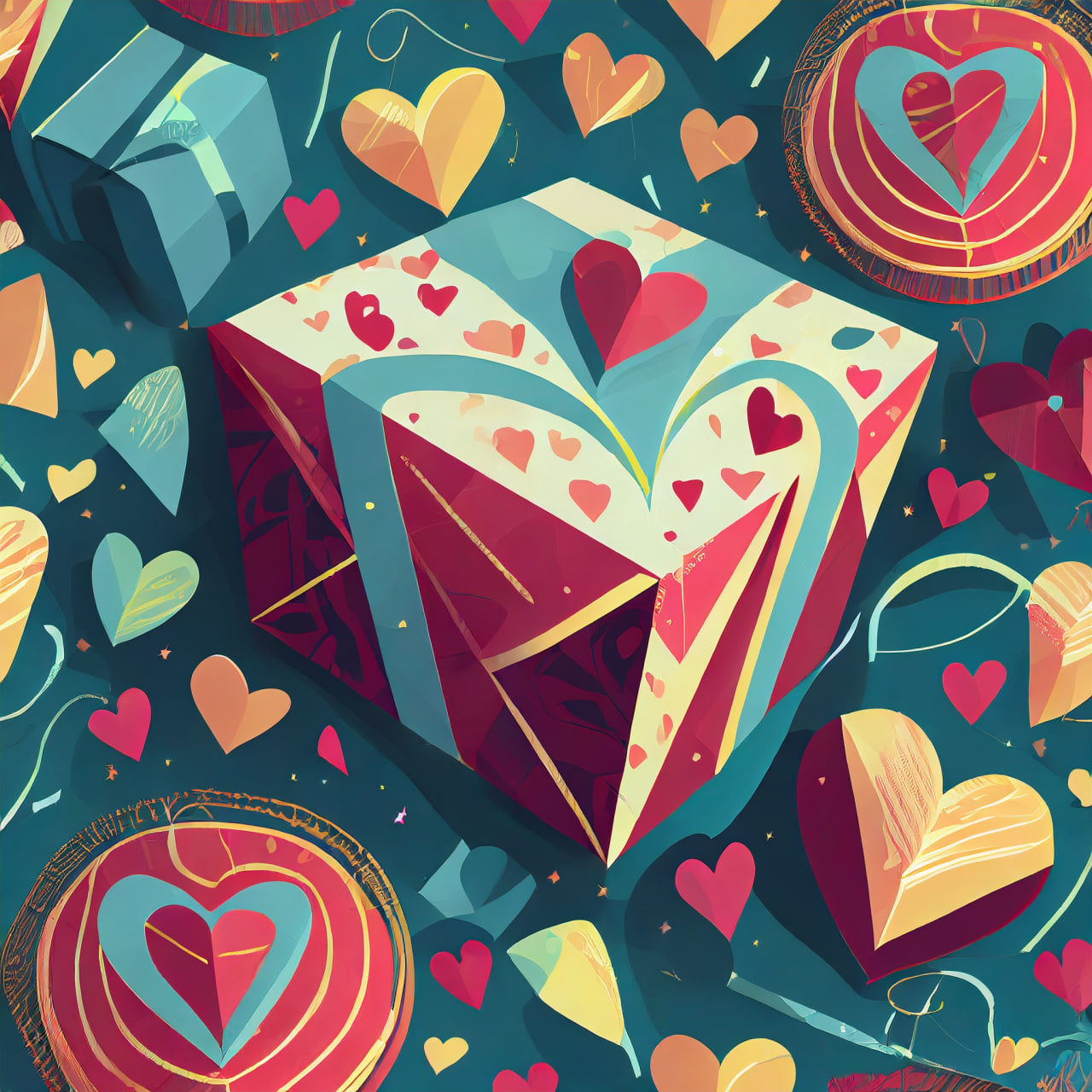 Colorful geometric design with hearts on a dark blue background