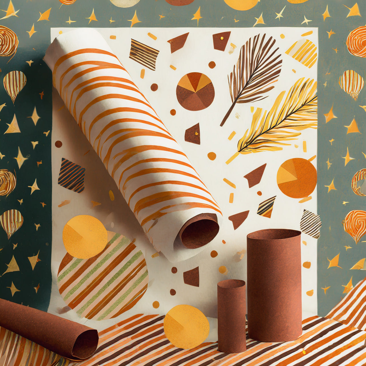 Roll of patterned paper with geometric designs on a colorful background