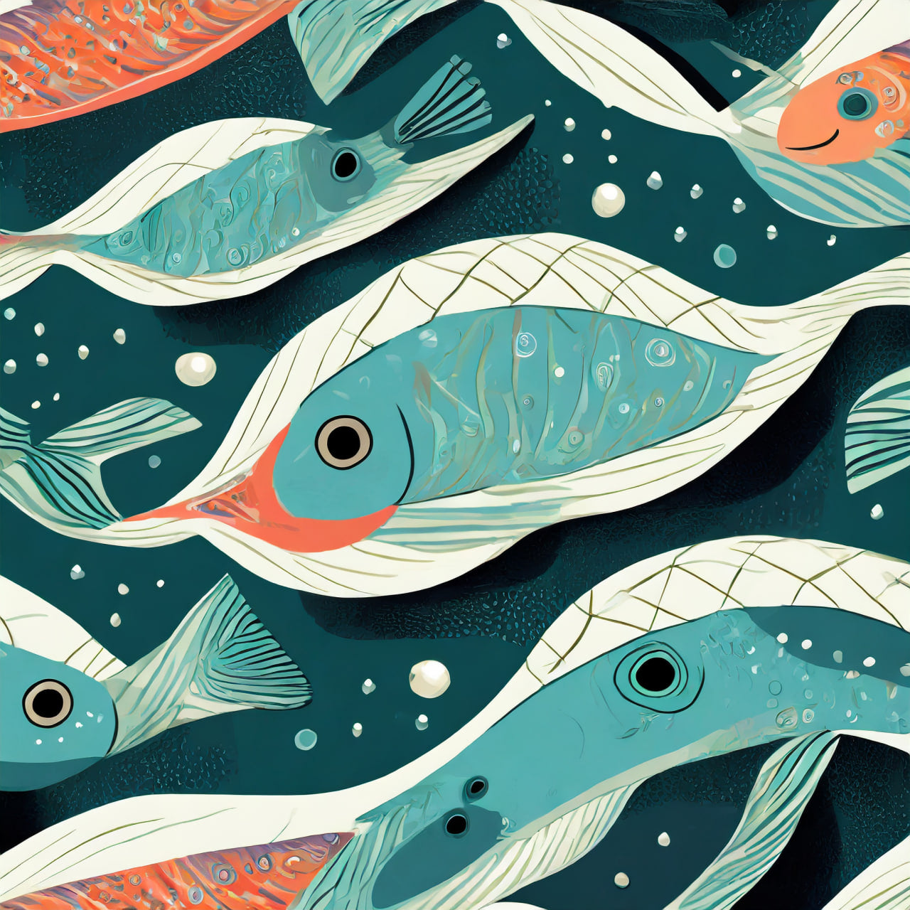 Illustration of colorful fish swimming in water with bubbles
