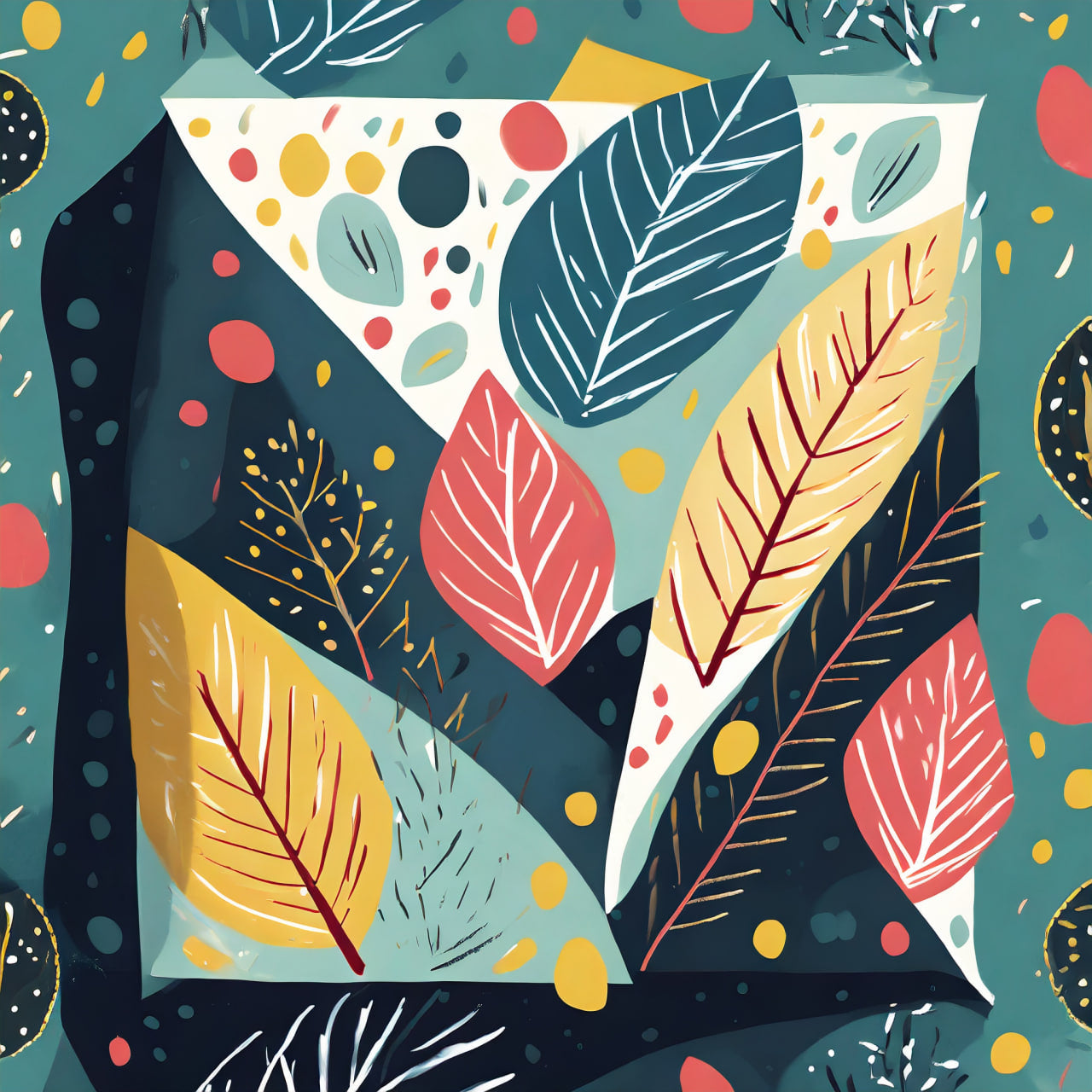 Colorful illustration  with leaves and abstract patterns on a dark blue background
