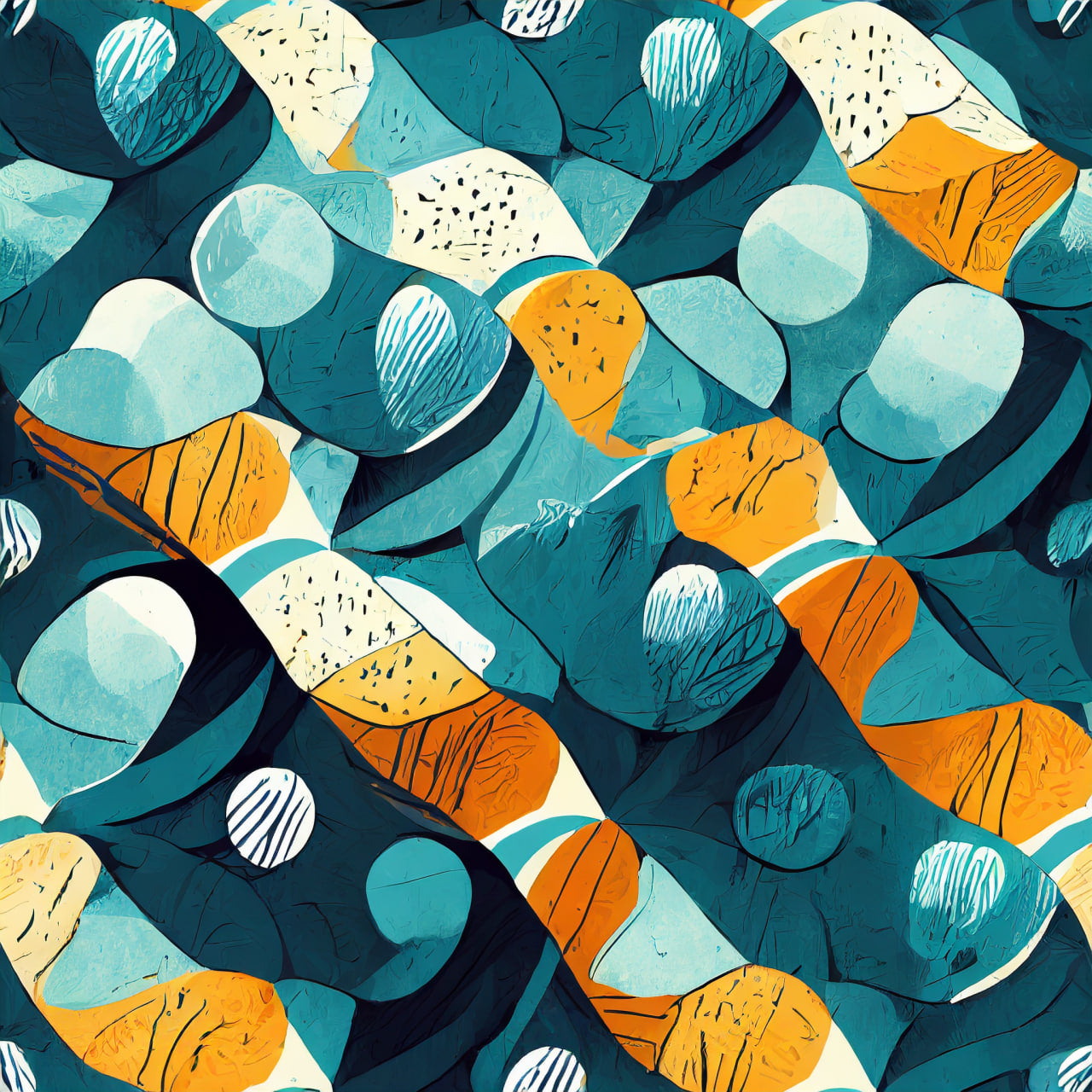 Abstract pattern with geometric shapes in blue, orange, and white on a dark background