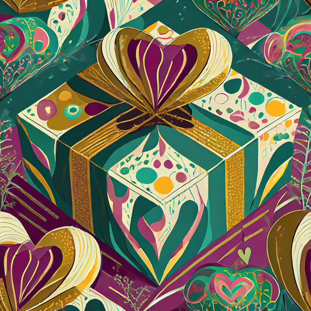 Colorful gift box with decorative patterns and a heart-shaped bow on a similarly patterned background.