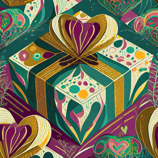 Colorful gift box with decorative patterns and a heart-shaped bow on a similarly patterned background.