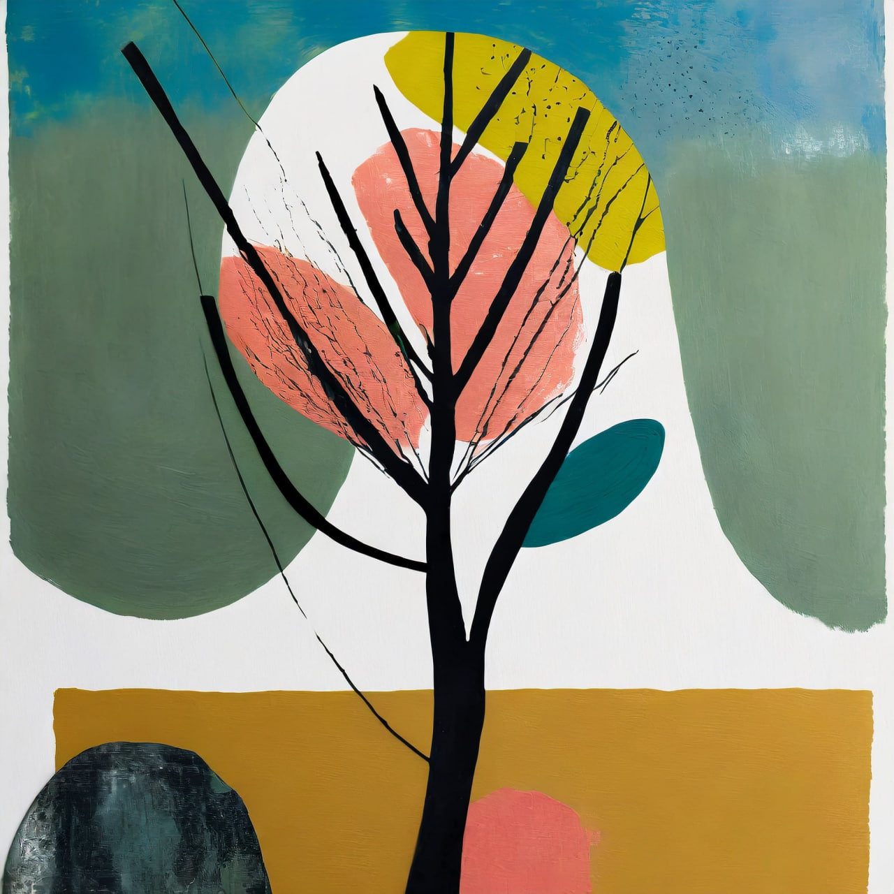 Abstract art piece with a tree, colorful circles, and geometric shapes on a blue background.