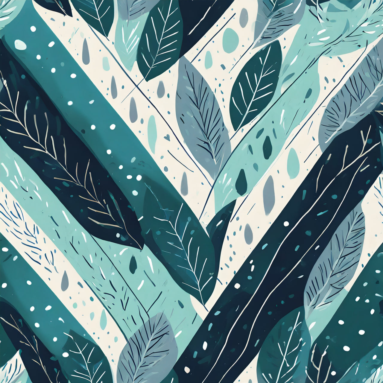 Pattern of sea life leaves and branches with a chevron design in teal, green, and black.