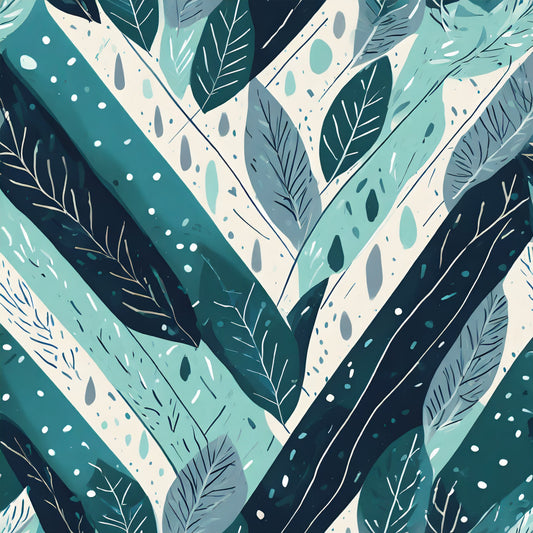 Pattern of sea life leaves and branches with a chevron design in teal, green, and black.
