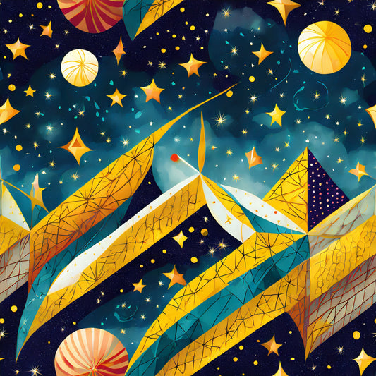 Illustration of a space-themed scene with stars, planets, and geometric shapes.