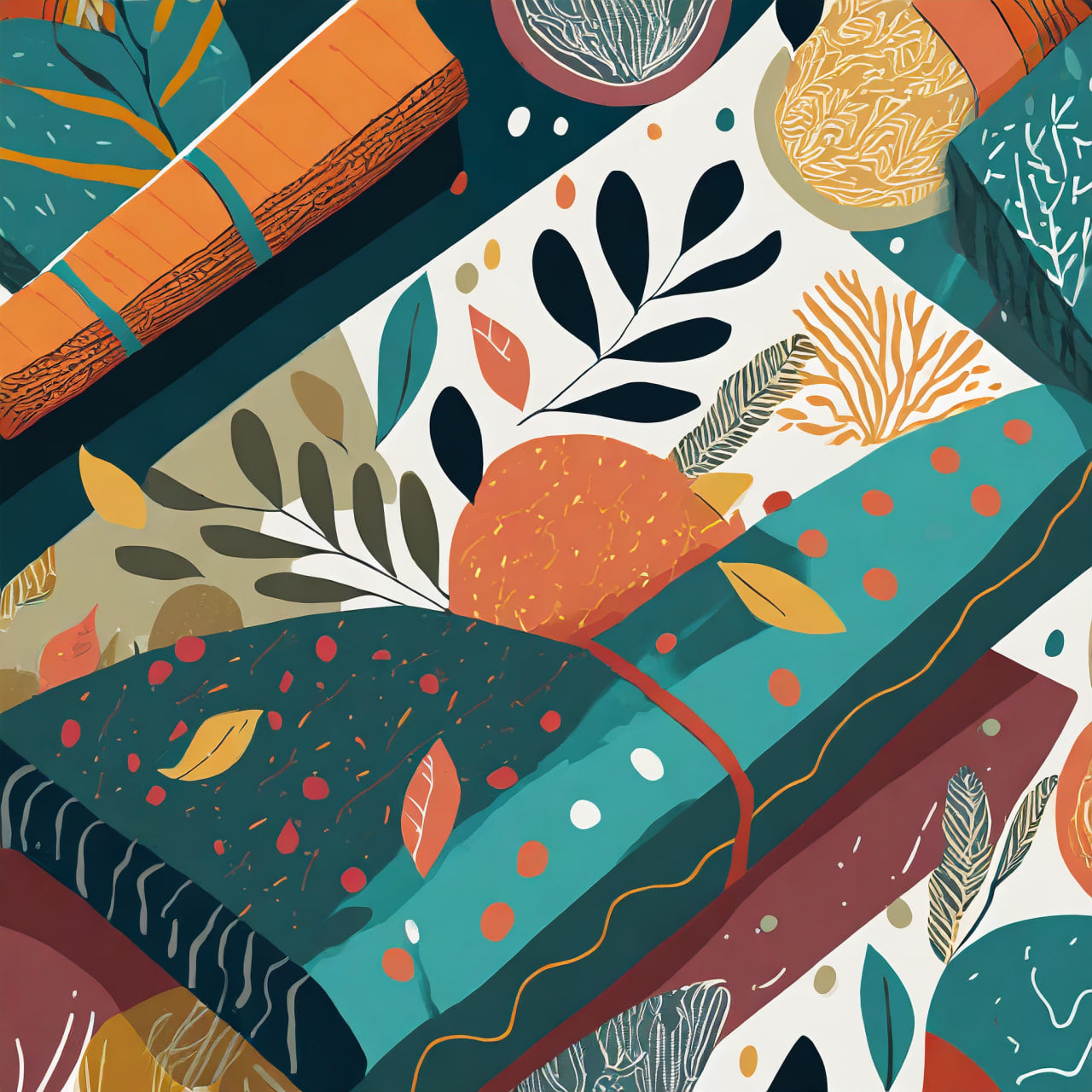 Illustration of books with colorful covers and leaf patterns