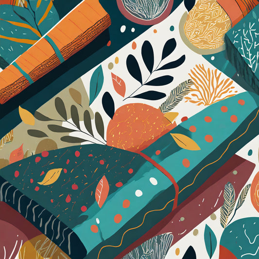 Illustration of books with colorful covers and leaf patterns