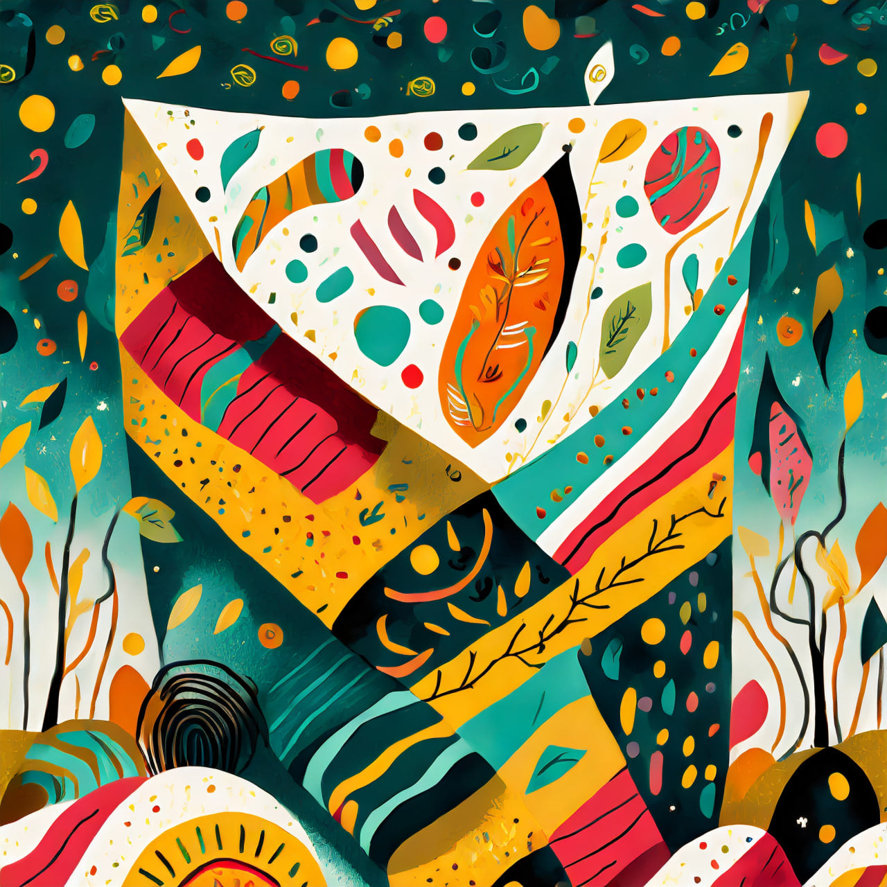 Colorful abstract design with geometric shapes and patterns on a dark green background