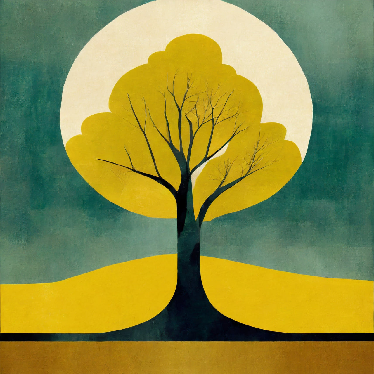 Simplified illustration of a tree with a large yellow sun in the background on a teal and brown gradient background.