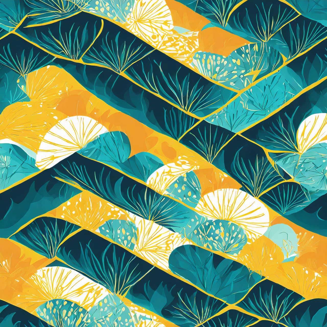 Pattern of blue and yellow shapes on a blue background