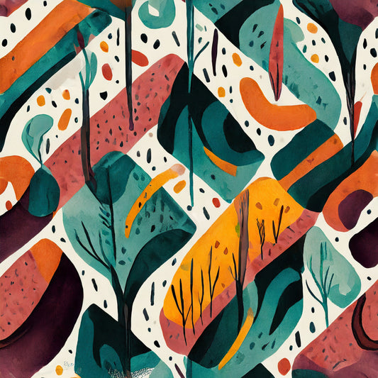 Colorful abstract pattern with leaves and shapes on a white background